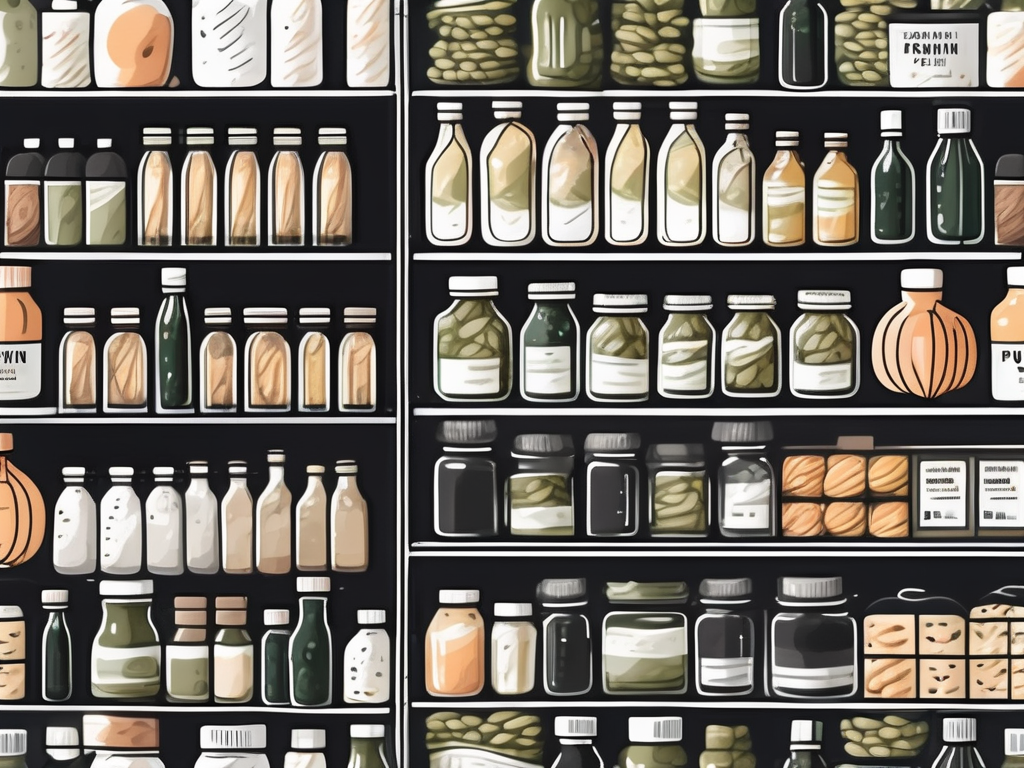 a dark glass bottle of pumpkin seed oil stored in a cool, dry pantry shelf, surrounded by various other non-perishable food items, hand-drawn abstract illustration for a company blog, white background, professional, minimalist, clean lines, faded colors